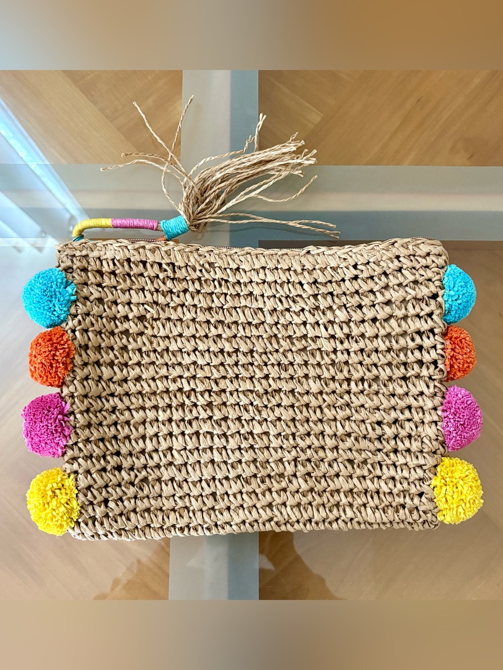 Boho Straw Woven Clutch with Colorful Pom Poms - Summer Beach Bag